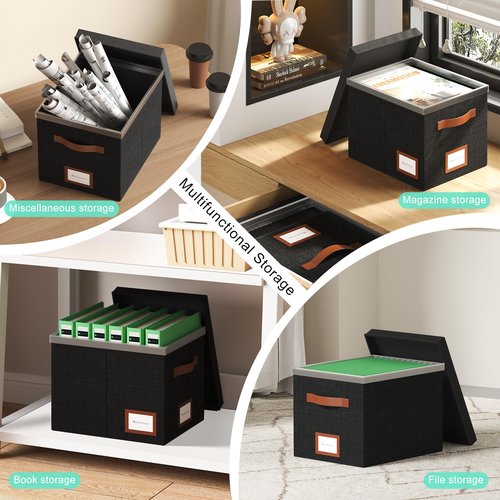 GRSQYS File Box for Hanging, File Organizer Box with Lid Decorative File Folders Organizer with One-Piece Integrated Plastic Slide Rail (Black, 13.2x10.1x10.1inch(2pack))