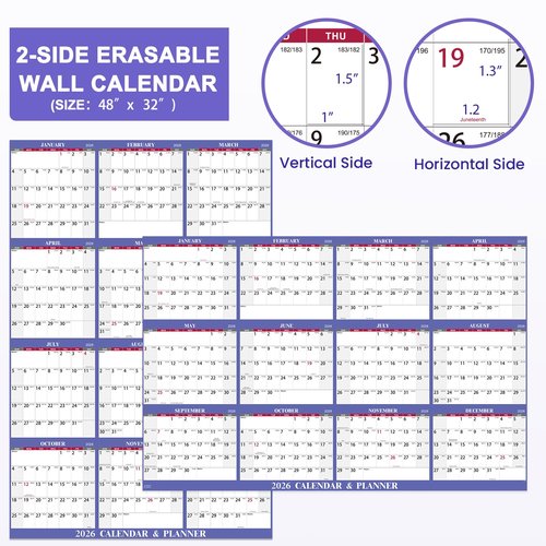 2026 Dry Erase Calendar - 2026 Yearly Wall Calendar, 48" x 32", JAN.2026 - DEC 2026, 2026 Wall Calendar, 12 Month Dry Erase Calendar for Wall, XL Large, Wet & Dry Erase Laminated, Horizontal/Vertical - Purple
