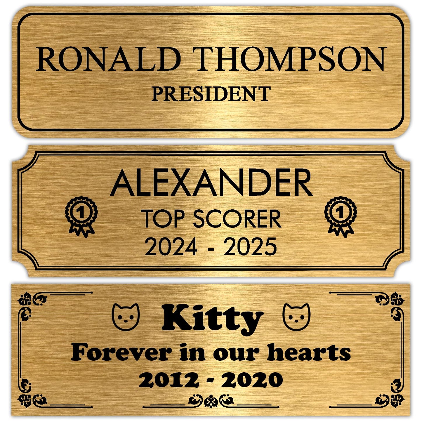 Personalized Engraved Name Plate 3" x 1" – Custom Metal Label for Trophy, Picture Frame, Plaque, Urn, Shadow Box – Gold – Self Adhesive Backing – Custom Text Laser Engraved