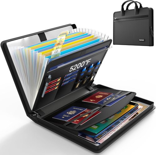 Hontom Fireproof Accordion File Organizer - 13 Pocket Portable Storage Binder for Important Documents