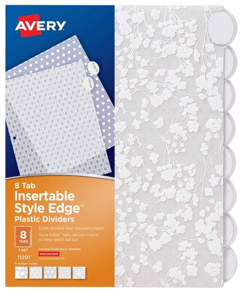 Avery Insertable Style Edge Plastic Dividers for 3 Ring Binders, 8-Tab Sets, Assorted White Frosted Designs, 24 Sets, 192 Divider Tabs (11291)