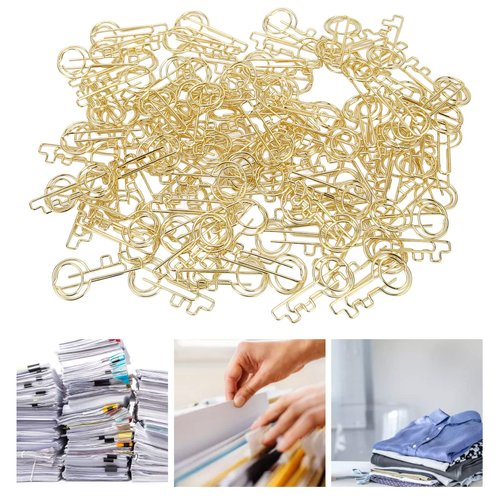 HERCHR Key Shaped Paper Clips, 100Pcs Metal Paperclips Bookmark Clips Gold Wire Paper Clips Small Portable Paper Clips for Home School Office Document Organizing