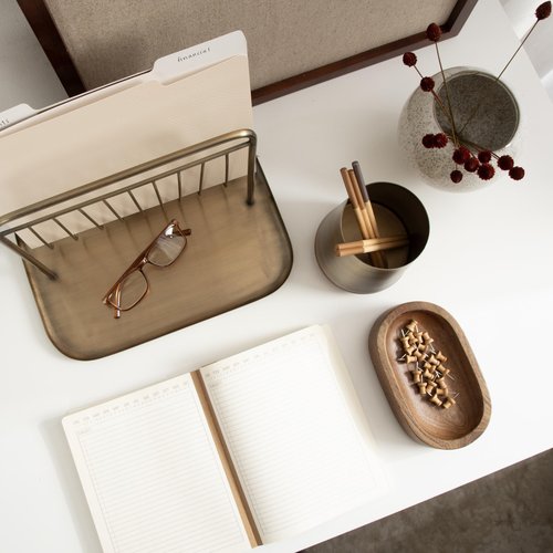 Kate and Laurel Koni Modern Three-Piece Home Office Organization Set, 13 x 8 x 9, Walnut Brown and Antique Brass, Wood and Metal Organizational Set for Office with File Folder Holder
