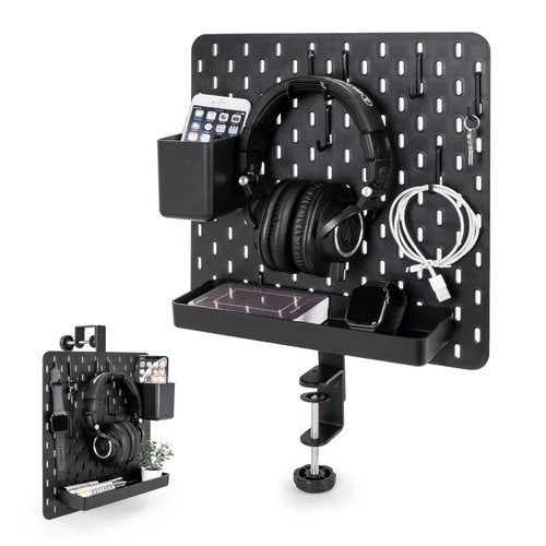 EHO Clamp-On Desk Pegboard, 13.5 x 14 inch Privacy Divider, Desk Partition Panel, No-Drill Desk Mounted Organizer, Combination Peg Board for Office, Gaming, Home, Plants, Black