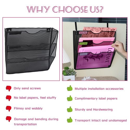 3 Pockets Mesh Wall File Holder Organizer Office Hanging File Folder Magazine Rack, Nametag Label Hooks Set Included (Black)