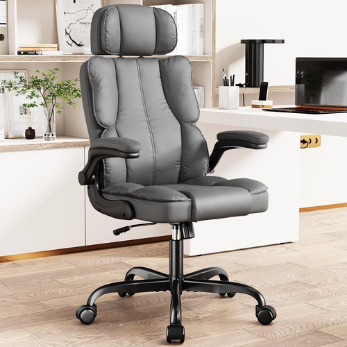 Kensaker Executive Leather Office Chair, Computer Chair with Thick Cushion & Lumbar Support, Ergonomic Desk Chair with Adjustable Headrest & Armrests,Grey
