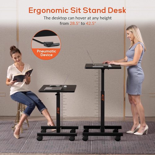 CROWNFURN Adjustable Height Mobile Rolling Desk - Portable Laptop Workstation on Wheels | Black