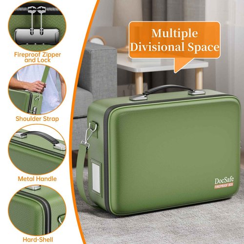 DocSafe Fireproof Document Box with Lock, Hard Case File Organizer with Accordion File Folder, Fireproof Water Resistant Safe Box Home Office Travel Storage for Important Documents Laptop Green