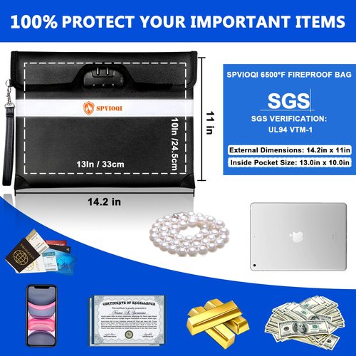 6500°F Upgraded Fireproof Document Bag with Lock, Fire proof Money Bag for Cash w. Zipper/Reflective Strip, 10 Layers of Heat Insulated Materials, Water Resistant Fireproof Bag for Documents, Fire Bag