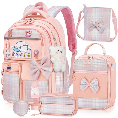 LEWKANA Girls Backpack with Lunch Box Set, 5pc Pink Cute Kawaii Bookbag for Teens, Aesthetic School Backpack for Elementary