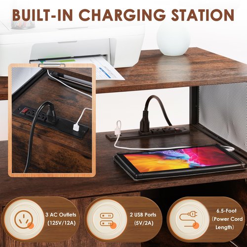 Rengue Lateral File Cabinet,Locking Office Filing Cabinets with Socket and USB Charging Port,Mobile Printer Table with Wheels for Home Office Storage and Organization,Height Adjustable Storage Shelf