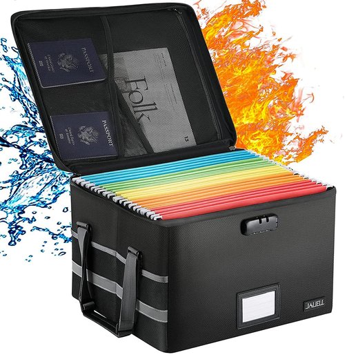 File Box with Lock - Fireproof Document Box File Organizer with Zipper & Adjustable Handle, Collapsible File Storage Box for Home Office, Filing Cabinet for Hanging Letter/Legal Folder