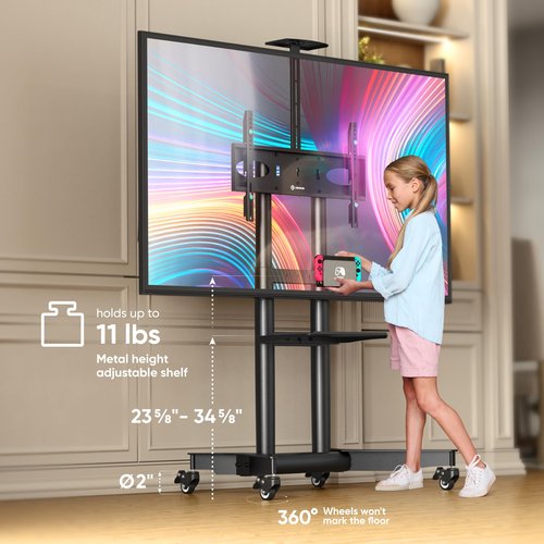 ONKRON Mobile TV Stand on Wheels for 32-75 Inch TVs, max Load up to 132 lbs, Height Adjustable TV Stand Portable, VESA 200x200-600x400, Rolling TV Cart with Shelf/TV Moving Stand Black