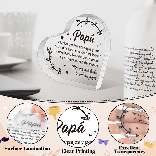 Yopyame Spanish Dad Birthday Gifts - Regalos para Papá Heart Acrylic Plaque for Office Desk Decor Keepsake Paperweights Gifts for Dad in Spanish Christmas Father's Day Gifts for Dad from Daughter Son
