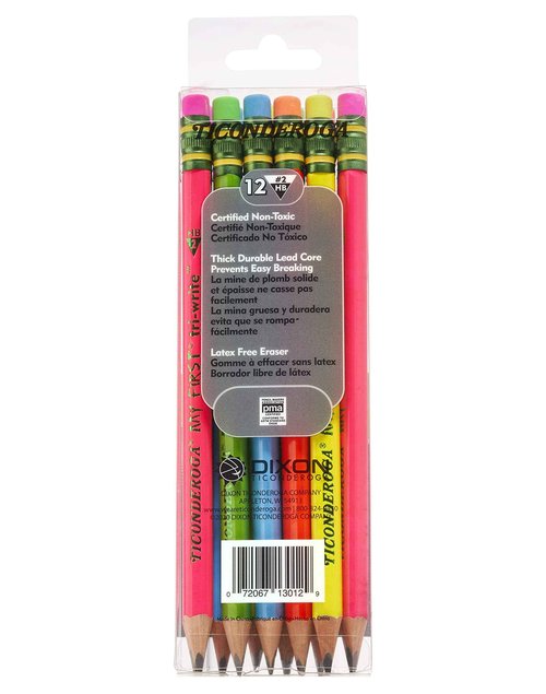 Ticonderoga® Tri-Write Beginners' Pencils With Erasers, #2 Soft, Yellow Barrel, Pack Of 36 & My First Tri-Write Wood-Cased Pencils, Neon Colors, 12 Count (X13012)