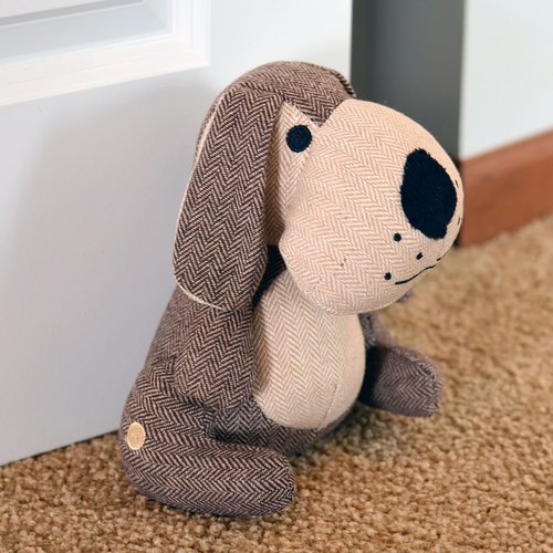 Weighted Puppy Dog Door Stopper, Floppy Ears, Brown and Tan, Tweed Fabric, Woven Polyester Exterior, Polyester and Sand Filling, 9 Inches Tall, 2.2 lbs, EN71 Te