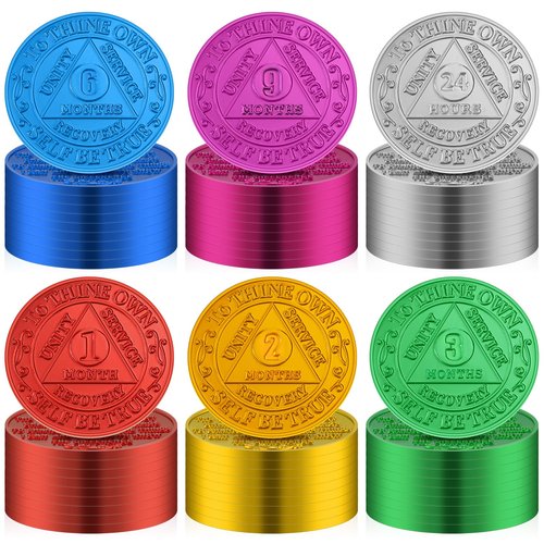Siifert 60 Pcs Recovery AA Chips and Medallions Bulk Sobriety Chips AA Tokens Alcoholics Anonymous Medallion Aluminum Include 1 2 3 6 9 Month and 24 Hour Commemorative Lot Colored