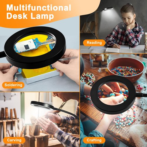 10X Magnifying Glass with Light and Timer, 2 in 1 Magnifying Desk Lamp, 3 Color Modes 10 Dimmable Brightness, Flexible Gooseneck Magnifier with Light for Craft Hobby Sewing Close Work(No Adapter)