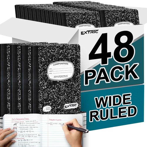 EXTRIC Composition Notebook Wide Ruled – 48 Pack Bulk Wide Ruled Composition Notebooks for School, 200 Pages (100 Sheets) No Bleed Composition Book Black Marble 9.75 x 7.5 in
