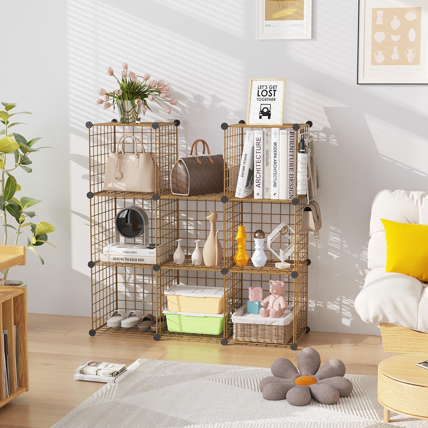 C&AHOME Wire Cube Storage, 8 - Cube Organizer Metal C Grids, Modular Shelves Units, Closet Organizer, Ideal for Home, Office, Living Room, 24.8" L x 12.4" W x 48.4" H, Brown UWCS3008R