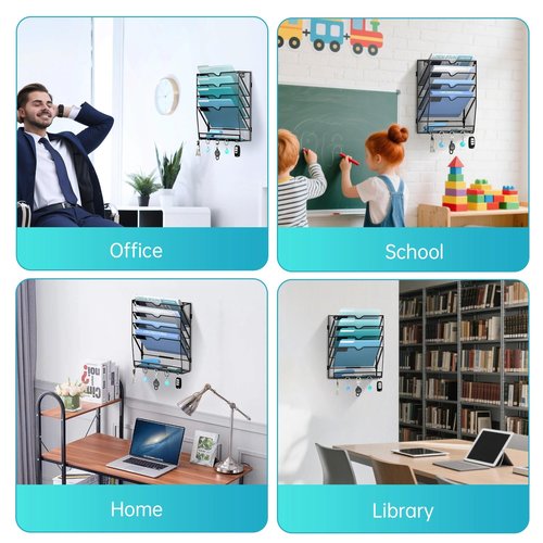 JMHUD Wall File Organizer with 5 Hooks 5 Tier Hanging File Organizer, Vertical Wall Mount Mail Organizer for Papers, Folders, Magazines, Bills, Office&School Organization, Black