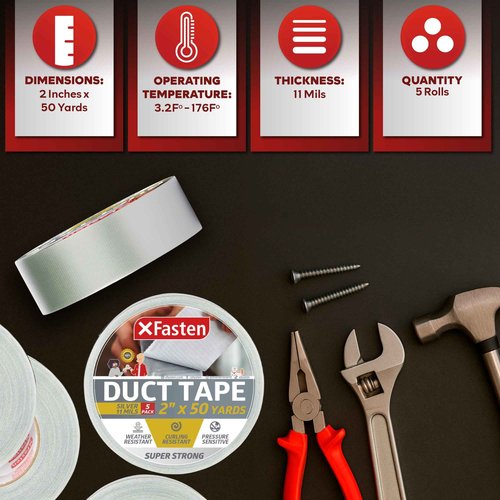 XFasten Silver Duct Tape Heavy Duty Waterproof 2 Inch x 50 Yards (5-Pack, 750ft Total) 11 mils Super Strong Grey Duct Tape Bulk for Outdoor Use, HVAC, Automobile, Indoor, Repair and Patching