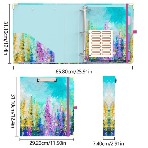 3 Ring Binder 2 Inch Ring, 2 Interior Pockets, 6 Tab Dividers, Low Profile Clipboard with Storage, Fashion Cute Binder and Labels Stickers for School Office (Purple Oil Painting)