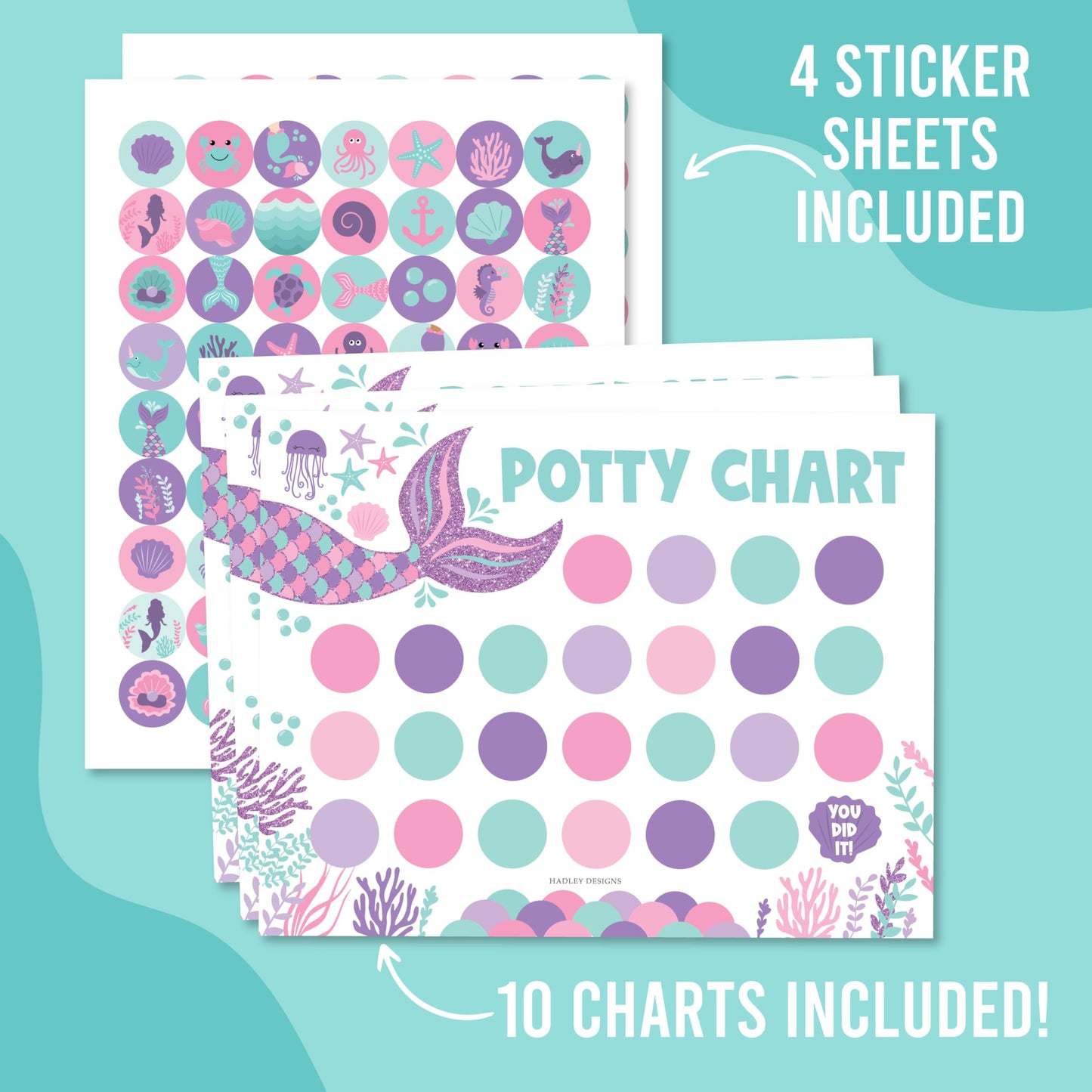 Hadley Designs Potty Training Chart for Toddlers Girls -10 Sticker Potty Chart for Toddlers Girls, 8.5x11" Potty Training Sticker Charts for Toilet Success, Mermaid Toddler Reward Chart for Kids