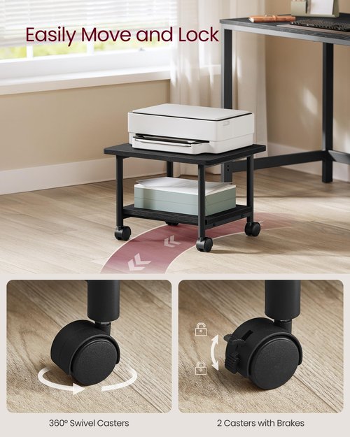 VASAGLE Heavy-Duty Printer Stand with Locking Wheels, 2-Tier Industrial Mobile Cart with Storage Shelf, Under Desk Printer Table for Home, Office, 13.4" Height, Ebony Black UOPS02B