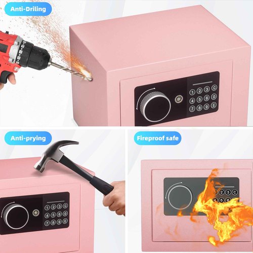 Digital Electronic Money Safe, Steel Security Lock Box with Keypad, Office Hotel Business Jewelry Gun Cash Safe, 0.23 Cubic Feet, 9.06" W x 6.69" D x 6.69" H（pink）