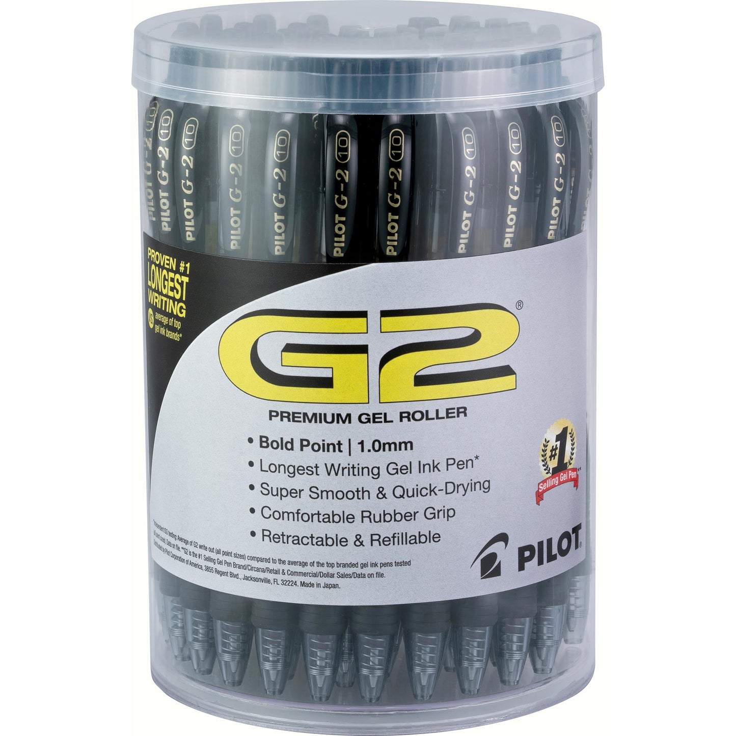 Pilot G2 Premium Gel Pens, Black Pens, Bold Point 1 mm, Black Ink, Tub of 48