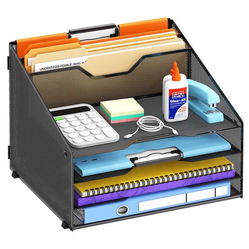 ReePlan Desk File Organizer, Desk Organizers & Accessories with 4 Trays and 2 Vertical Upright Sections, for Student & Teacher, Office, School, Home Black