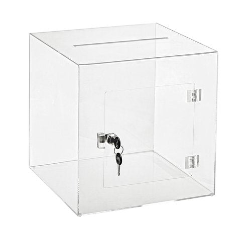 AdirOffice 12" x 12" Acrylic Ballot Box Donation Box with Easy Open Rear Door - Durable Acrylic Box with Lock - Ideal For Voting, Charity & Suggestion Collection - Clear