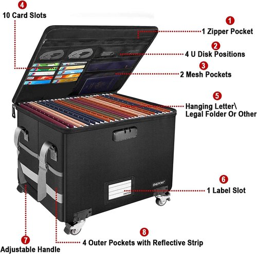 ENGPOW Fireproof Document Box with Wheels, Collapsible File Box with Lock, Rolling File Storage Organizer Filing Cabinet with Pockets, Portable Home Office Safe for Hanging Letter/Legal Folder, 2 Pack