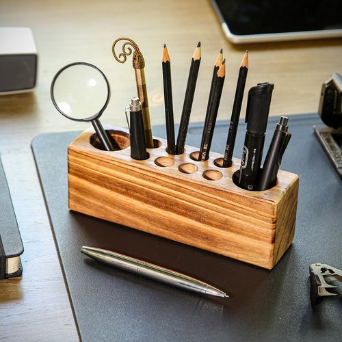 Hoffengwell Solid Pine Wood Pen Holder for Desk – Fountain Pen Holder – Stylish Wooden Pencil Holder and Pen Desk Organizer