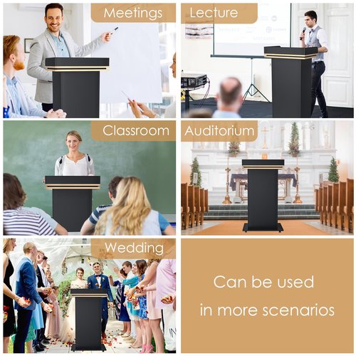 Vakiorn 43" Wood Podium Stand with 3 Levels of Storage, Portable Lectern with Wheels, Floor Standing Customer Reception Podiums Mic Stand Desk for Churches, Office, School,Conference, Auditorium