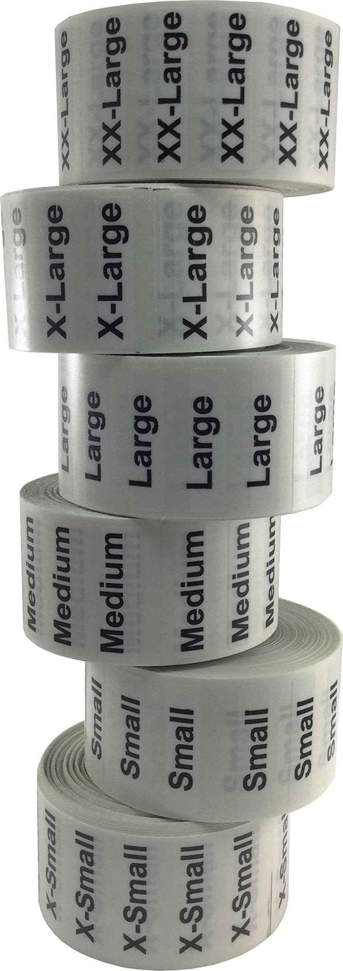 XS-XXL Clothing Labels – Clear Size Strip Stickers with Black Text, 1.25 x 5 Inch Labels, 750 Total Stickers (125 Each Size) for Retail Apparel, Clothing Organization, and Inventory – Made in The USA