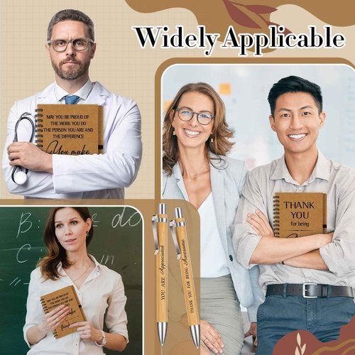 Glenmal 60 Pcs Thank You Gift Set Include Spiral Inspirational Notebooks Retractable Motivational Pens Employee Appreciation Gift Bulk Ruled Kraft Notebook Bamboo Thank You Pen for Teacher Coworker