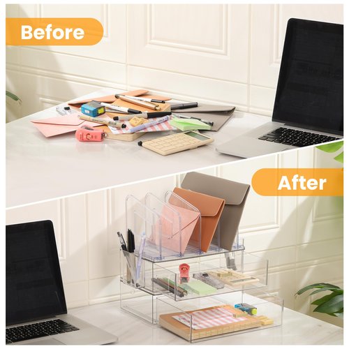 LALOBLUE Acrylic Desk Organizer Set, 2 Pack Stackable Drawer Organizer with 4 Vertical File Sorter and 2 Pen Holders, Desktop Storage for Files, Letter, Documents, Office Supplies, Desk Accessories