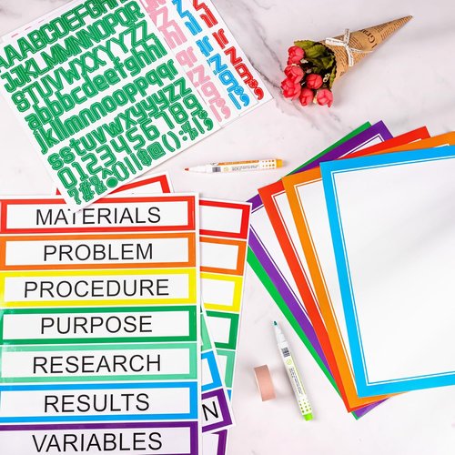 AKONEGE Science Fair Board Supplies - 39 Sheets with 24 Self-Adhesive Presentation Titles & Colorful Stickers