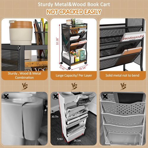 DAOUTIME 8 Tier Rolling Book Cart with Wheels, Mobile Book Storage Cart with 2 Sides Access Bookcase for Narrow Space, Rolling File Organizers and Storage for Home Office Living Room Classroom School