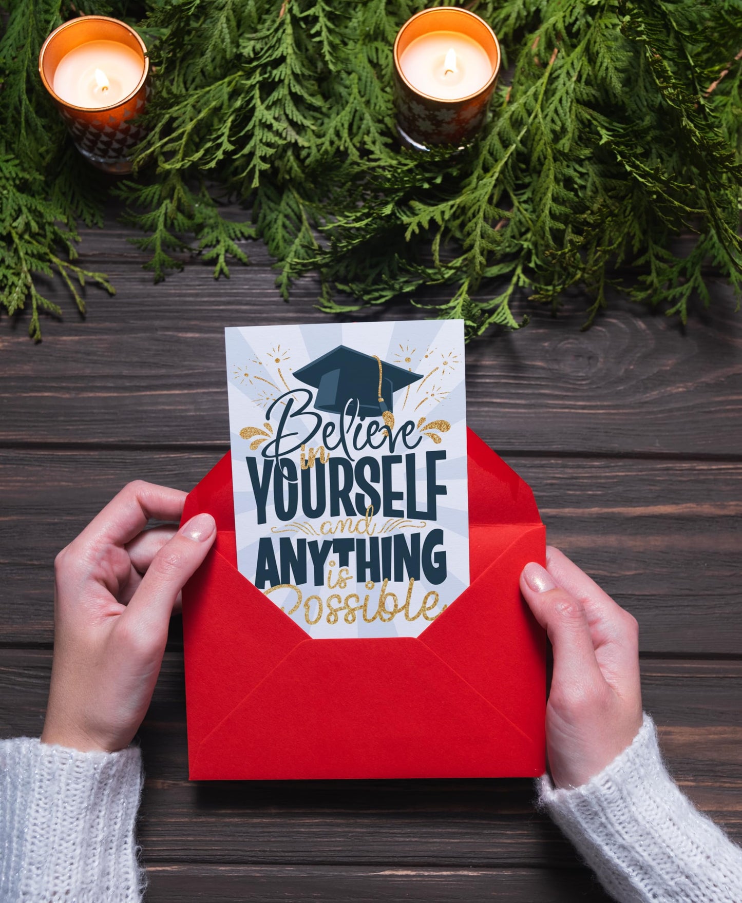Graduation Card – Inspirational Believe in Yourself Design Gold Glitter – 5x7 Folded Greeting Card with Red Envelope – Motivational Congrats Gift for High School, College, Nursing, Kindergarten, Middle School Grad