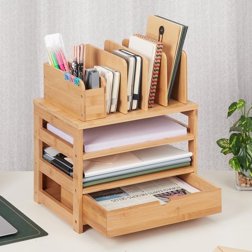 Homde Bamboo Desk Organizer with Drawer and File Holder, Office Organization for Desks with Adjustable Pen Holding, Desktop Letter Paper Tray Storage for Workplace Home School (Natural, L)