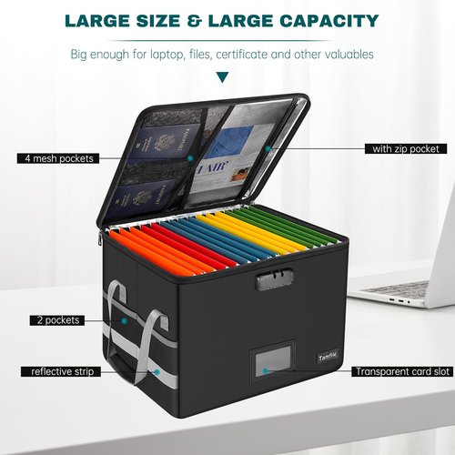 Large File Box with lock, Fireproof File Box for Documents, 5200°F Fire Resistant File Storage Box, Filling Cabinet with Handle for Hanging Letter/Legal Folder, Collapsible Filing Box for Home Office