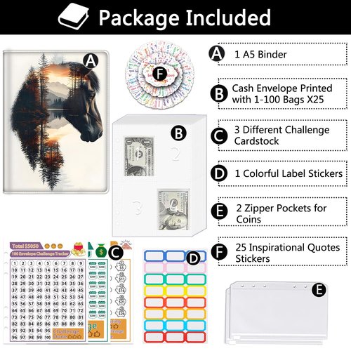 100 Envelopes Challenge Binder Money Saving Challenge Book for Money Saving, A5 Savings Binder Budget Planner with Cash Envelopes and Stickers, Horse And Landscape