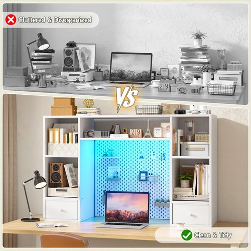 REIBII Desktop Bookshelf with LED Lights,47.2" Desktop Organizer with 6 Shelves and 2 Drawers for Top of Desk,Multipurpose Desk Hutch Dorm with Adjustable Shelves for Home and Office,White