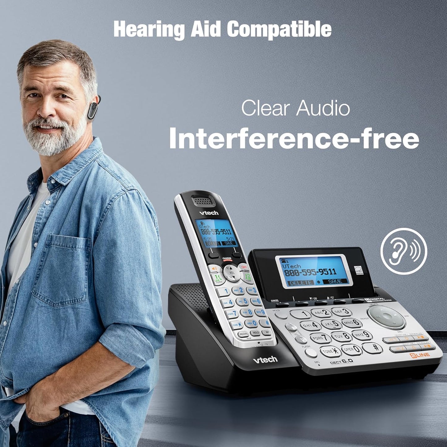 VTech 2-Line Cordless Phone - Home & Business Use with Answering System | Caller ID, Intercom, Hearing Aid Compatible (Black/Silver)