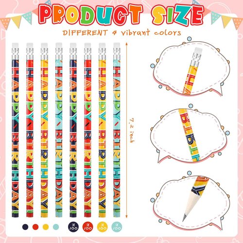 Kosiz 400 Pcs Happy Birthday Pencils Colorful Printed Birthday Pencils with Top Erasers Perfect For Teachers Class Reward Party Kids Gifts Supplies