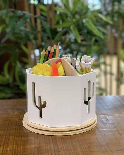 Spinning Desktop Stationary Organizer – Decorative Wooden Rotating Pen and Pencil Cup – Desk and Table Top Office Supplies Station - by Designstyles (White with Cactus Cutout)