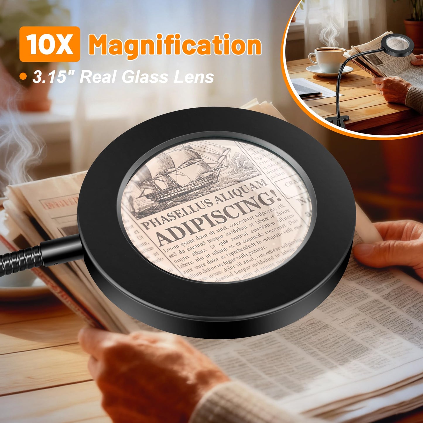 Akynite 10X Magnifying Glass with Light, 2 in 1 Magnifying Desk Lamp Clip on Mganifier with Light, 3 Color Modes 10 Brightness Levels, 58 LED Clip on Reading Lamp for Bed Crafts DIY Repair,No Adapter